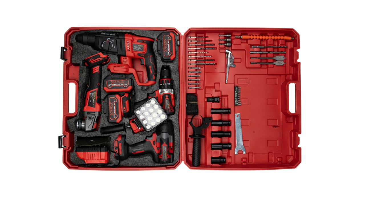 HKT-919 5'li Kömürsüz Akülü Set | Taşlama + Matkap + Hilti + Somun Sıkma + LED (3 Akü)