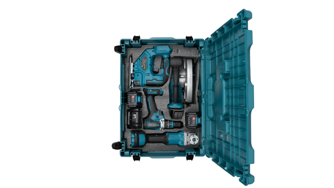 HKT-747 6'lı Kömürsüz Akülü Set | Sunta Kesme + Dekopaj + Tilki Kuyruğu + Hilti + Matkap + Taşlama (4 Akü)