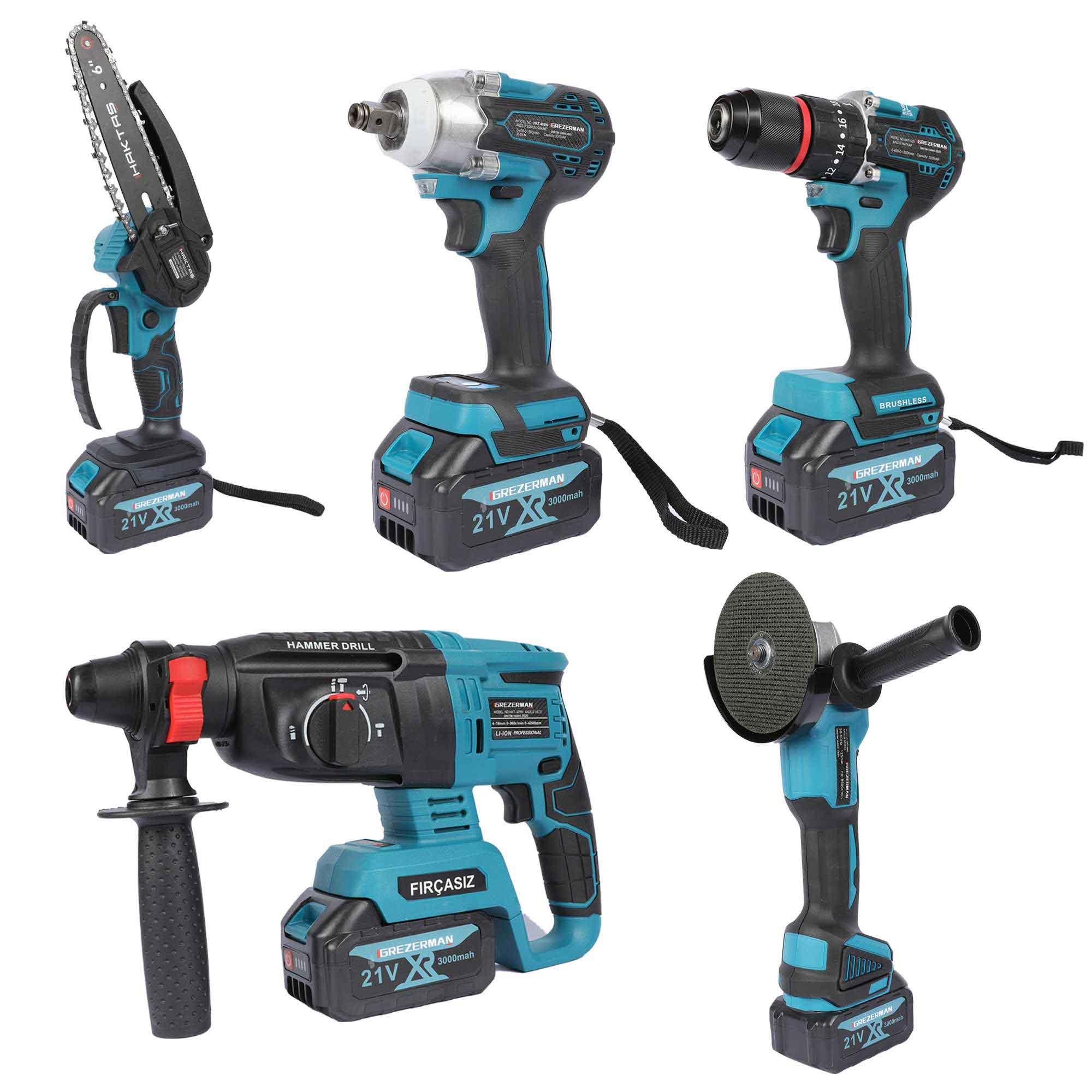 HKT-929 5'li Akülü Mega Set | Taşlama + Matkap + Kırıcı + Somun Sıkma + Testere